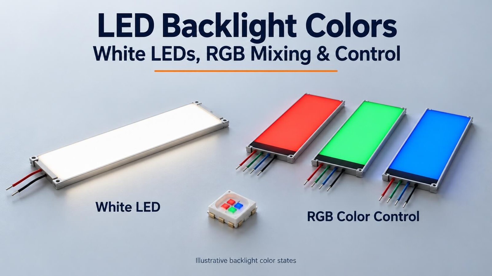 Illustration of a white LED backlight and RGB backlights showing red, green and blue illumination.