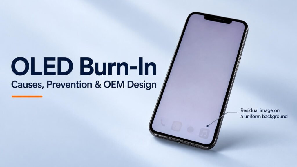 OLED smartphone showing faint residual app icons on a uniform background, illustrating burn-in and OEM display design considerations.