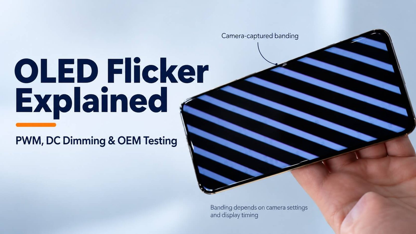 OLED smartphone showing camera-captured banding, illustrating OLED flicker, PWM dimming and display testing.