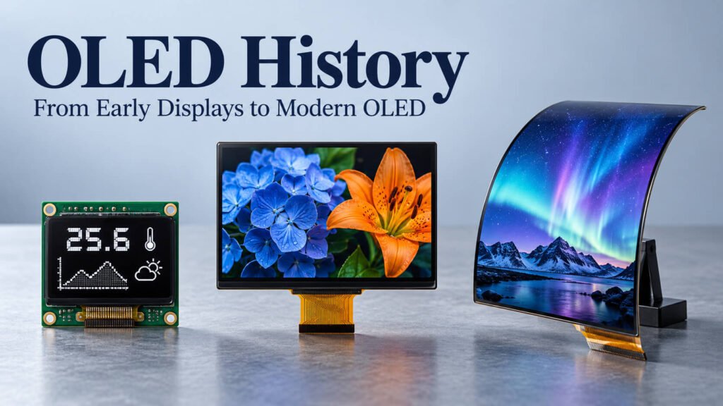 Monochrome PMOLED, color AMOLED and curved flexible OLED modules illustrating the development of OLED displays.