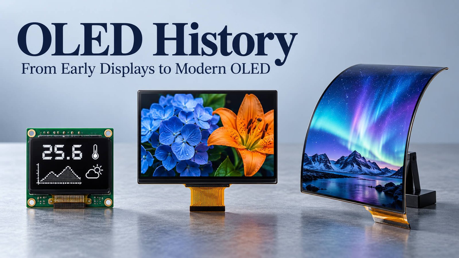 Monochrome PMOLED, color AMOLED and curved flexible OLED modules illustrating the development of OLED displays.