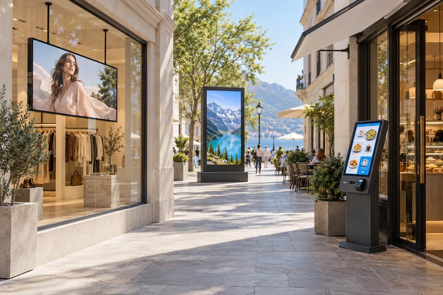 Commercial street concept with hanging window LCD, outdoor advertising totem and self-service touchscreen