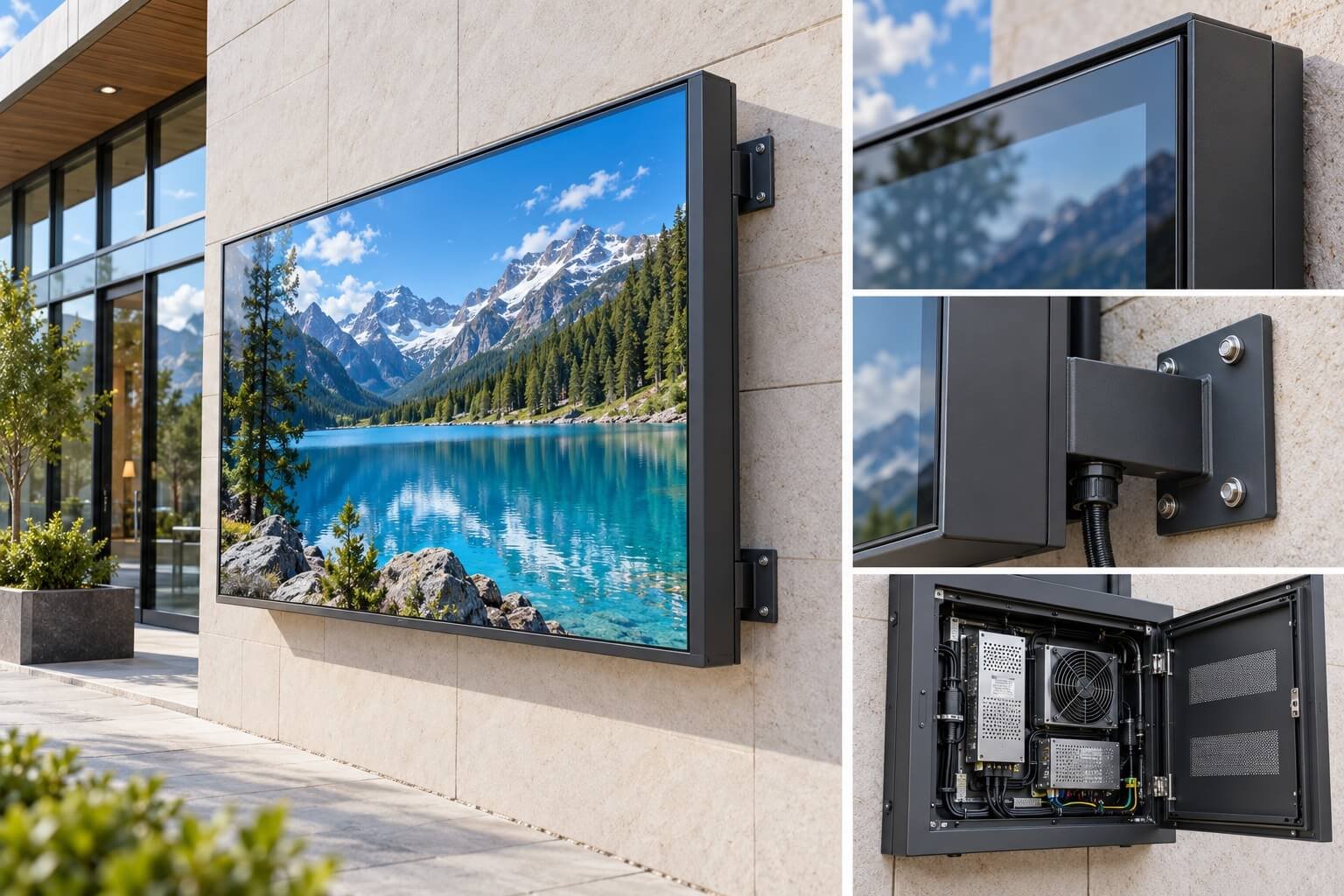 Outdoor LCD integration concept with front glass, mounting bracket and rear service details