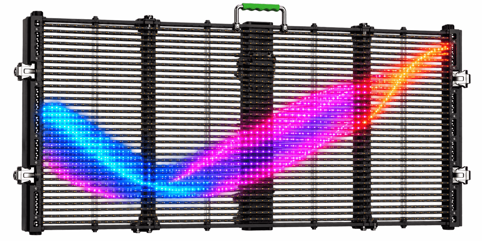 Front view of an open-strip rental transparent LED cabinet displaying colorful graphics