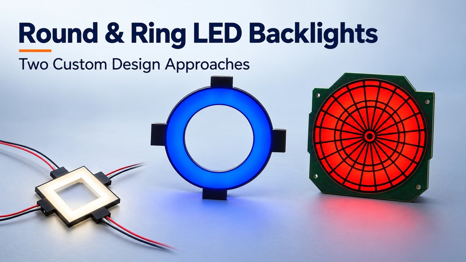 Illustration of custom round and ring LED backlights with blue, red and white illumination.