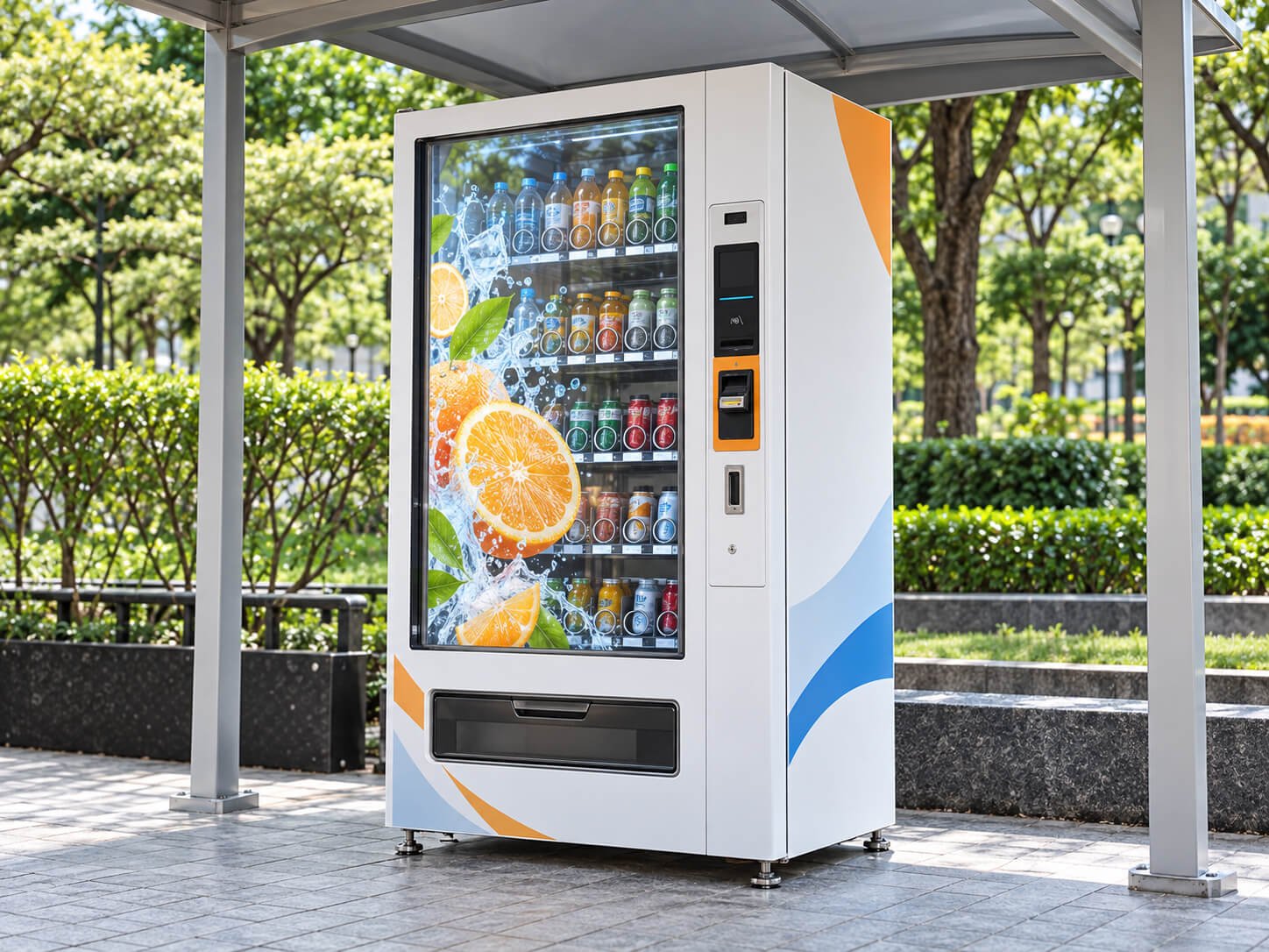 Transparent LCD vending machine concept under a canopy in a landscaped outdoor setting