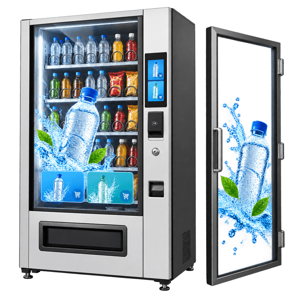 Transparent LCD vending machine solution with a complete vending cabinet and separate transparent display door