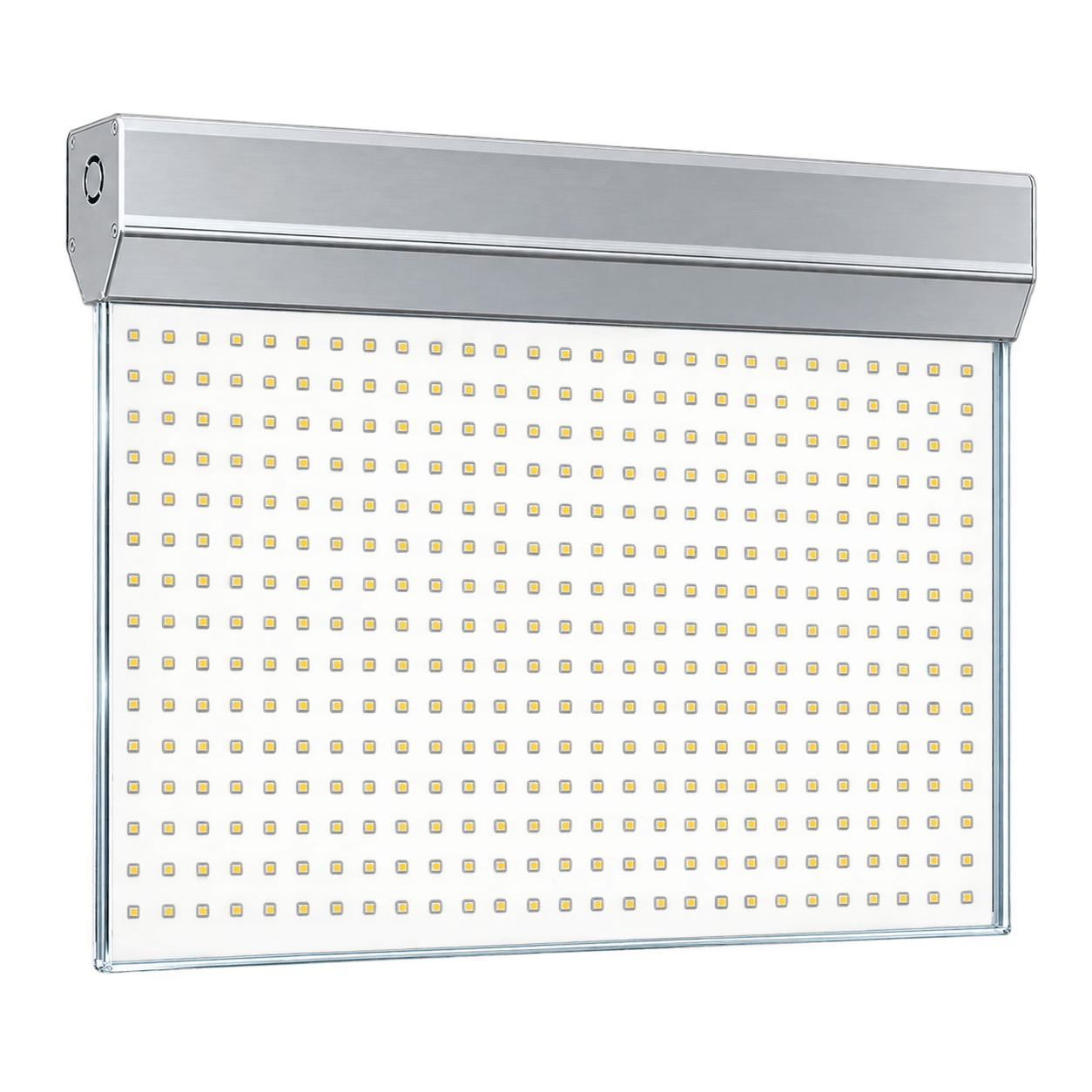 Transparent LED glass panel with integrated SMD LEDs and a silver top driver housing