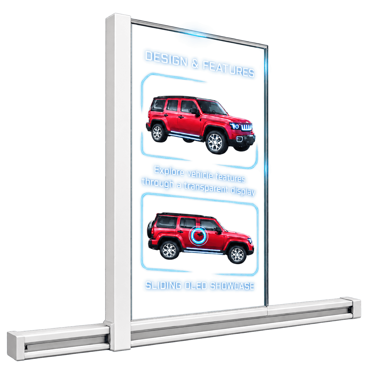 Transparent OLED sliding rail display showing automotive content on a white horizontal track