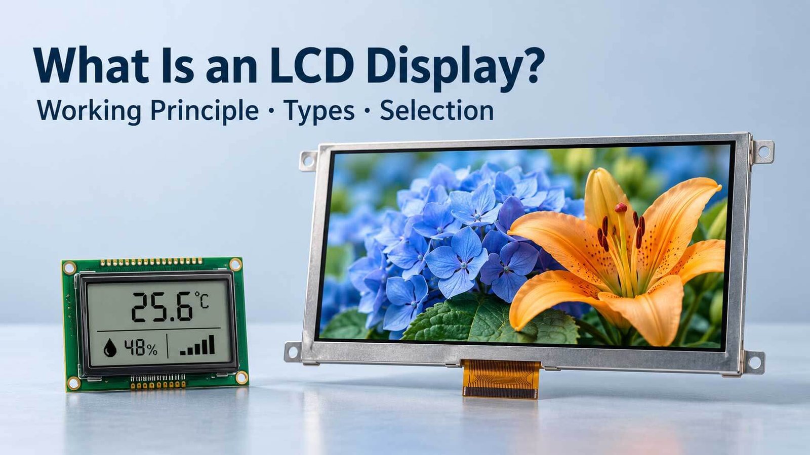Color TFT LCD and monochrome LCD modules with metal frames, PCB and ribbon connections.