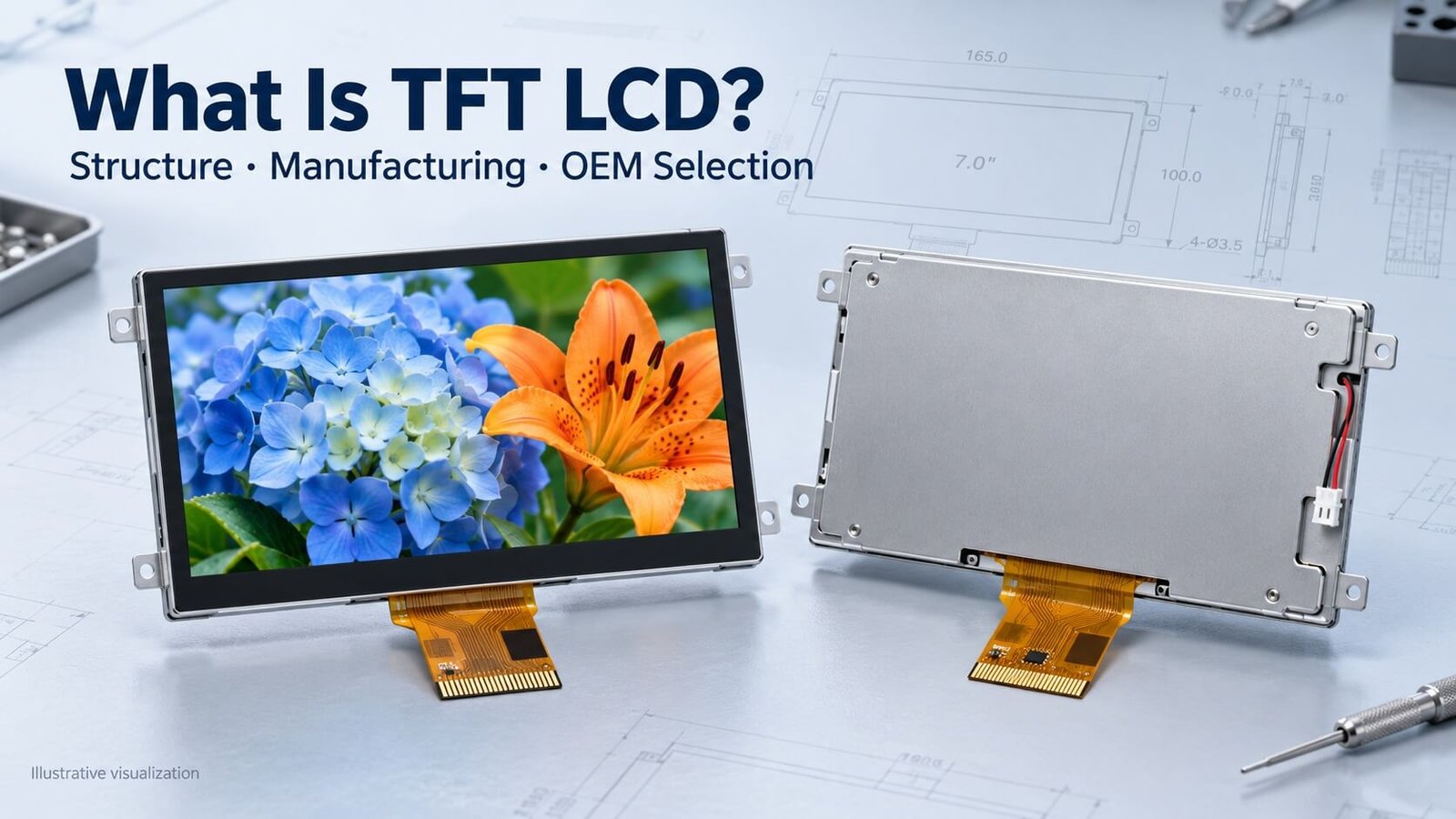 Illustrative front and rear views of a TFT LCD module showing the display, metal backlight housing and FPC connections.